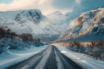 A snowy mountain range is in the background of a road. The road is empty and the snow is piled up on the side of the road