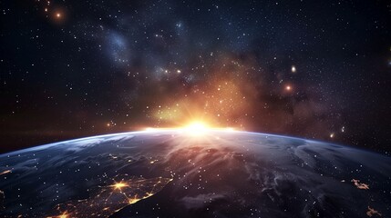 Stunning Photograph of Earth from Space with Sunrise and Starry Sky - Visualizing Our Planet and the Universe