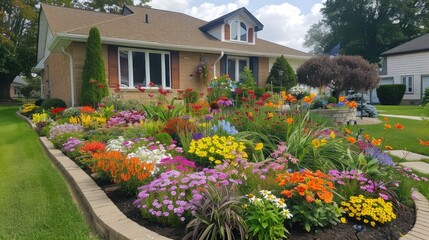 Fototapeta premium A picturesque flower garden filled with a variety of blooming flowers, creating a colorful and inviting front yard for a suburban home.