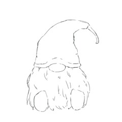Gnome in a sleeping cap with a lush beard sits black and white illustration