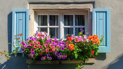 A quaint, flower-filled window box on a sunny day, adding charm and color to the exterior of a house.