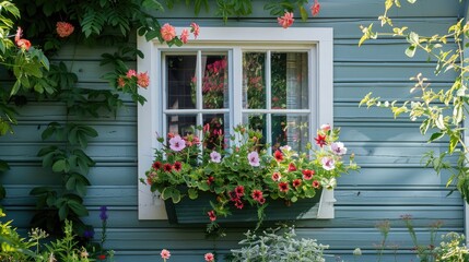 A quaint, flower-filled window box on a sunny day, adding charm and color to the exterior of a house.