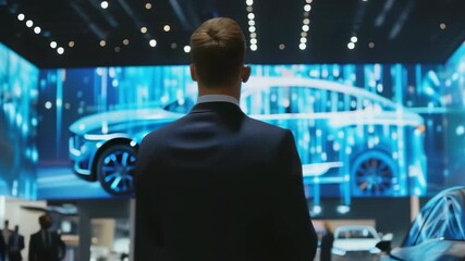 A young Caucasian man in a suit watches a high-tech car display in a showroom at night. The atmosphere is professional, with people in the background examining various cars. Neon blue lights add a