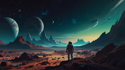 Naklejka premium Illustration background Of an astronaut is exploring an alien landscape