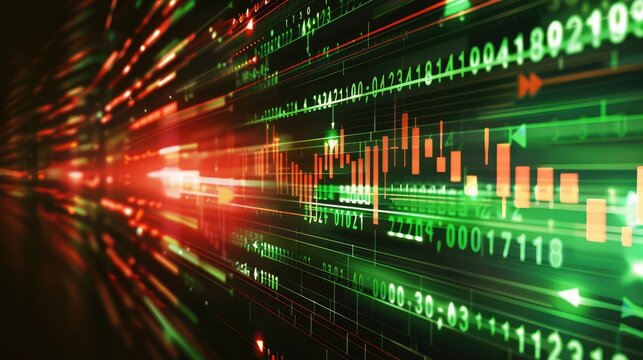 A stock ticker with green and red arrows, symbolizing market fluctuations and trading.