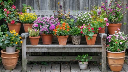 A variety of potted plants arranged neatly on a garden bench, with colorful blooms and green foliage creating a serene scene.