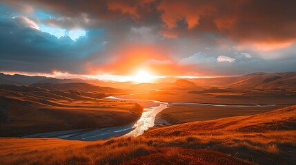 Fototapeta premium Serene Sunset Over a Winding River
