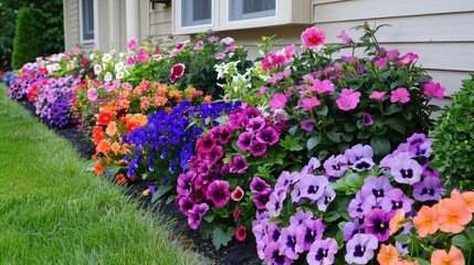 A vibrant display of petunias, pansies, and geraniums in a flower garden, enhancing the curb appeal of a suburban home.