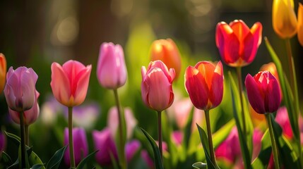 Fototapeta premium A vibrant display of tulips in a garden, with their colorful petals standing out against the green foliage.