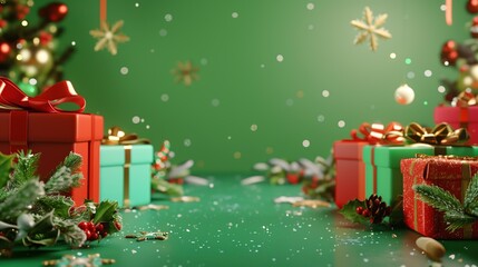 3D rendering of Christmas background with green and red gift boxes on a green table. Snowflakes and confetti add a festive touch, ideal for product presentation or ads.