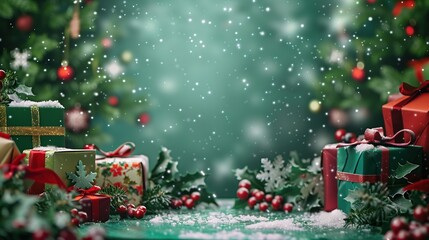 Christmas background with green, red, and gold gifts, snow, and a Christmas tree. Photorealistic and highly detailed with a bokeh effect and soft lighting. Perfect for festive text or holiday designs.