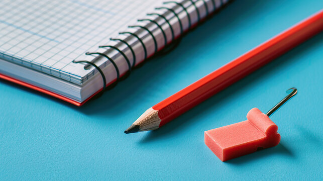 Photo of A red pencil and notebook on blue background