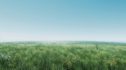 A wide expanse of green grass field under a clear blue sky, creating a peaceful and open landscape.