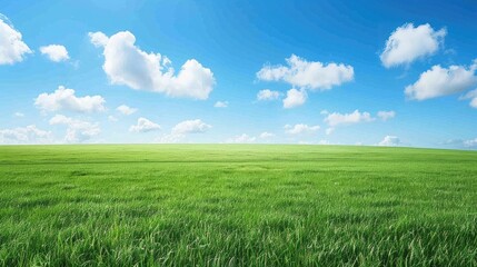 Obraz premium A wide expanse of green grass field under a clear blue sky, creating a peaceful and open landscape.