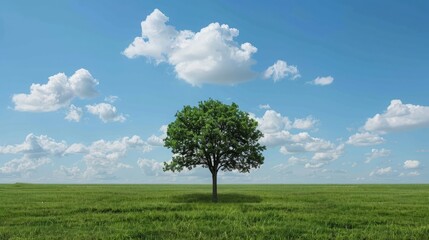 A wide-angle view of a grass field with a single tree standing tall in the middle, symbolizing solitude.