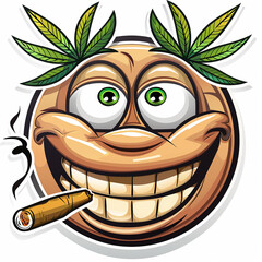 Cartoon Smiley Face with Cannabis Leaf and Cigarette