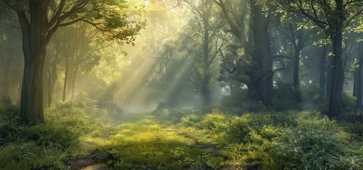 Obraz premium The morning atmosphere is cool in the middle of a green grassy garden