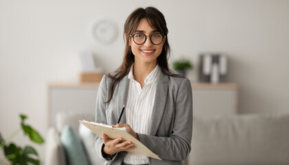 Happy professional middle eastern female psychologist writing in clipboard, looking and smiling at...