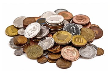 A pile of assorted international coins featuring different currencies and designs, isolated on a white background, representing global finance and travel.