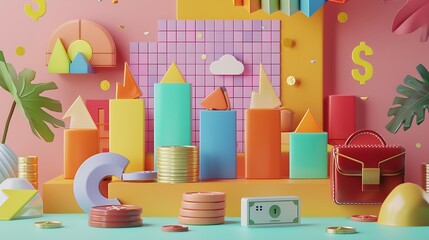 Fototapeta premium 3D illustration of a colorful and abstract financial scene with geometric shapes, coins, and a briefcase.