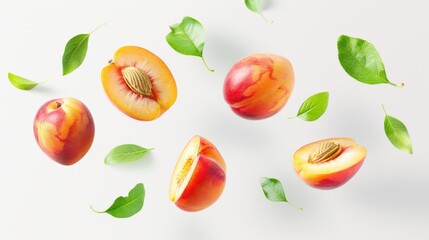 Sweet nectarine halves suspended in the air with green leaves, emphasizing their juicy, fresh appeal and health benefits.