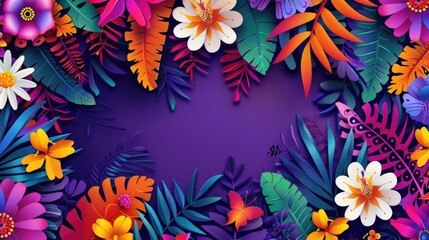 Garden scene with vibrant flowers and foliage on a deep purple background, suitable for editorial or design use