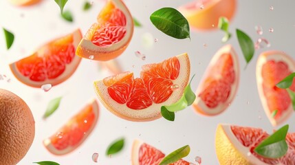 Tart grapefruit slices levitating in mid-air with green leaves, isolated on a transparent background, highlighting their vibrant color and nutrient-rich properties.