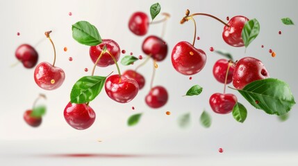 Tart acerola cherry slices levitating in mid-air with green leaves, emphasizing their fresh, nutrient-rich qualities.