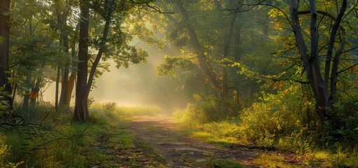 Obraz premium A ray of morning sunlight penetrates between the forest trees