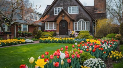 Obraz premium A beautiful display of blooming tulips and daffodils in a front garden, adding a splash of color to the exterior of a quaint house.