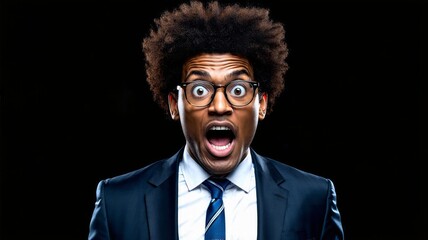 Fototapeta premium Surprised Businessman in Suit with Glasses on Black Background Close-Up Photograph