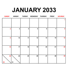 january 2033. Calendar with holydays or red dates. monthly calendar design with week starts on sunday. printable, simple, and clean vector design isolated on white background.