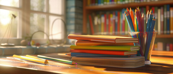 A stack of books and colored pencils on the table in front of bookshelves, sunlight streaming through the window