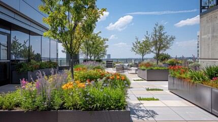 Obraz premium A beautifully landscaped office rooftop garden with a mix of flowers and greenery, providing a relaxing outdoor space for employees
