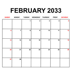 february 2033. Calendar with holydays or red dates. monthly calendar design with week starts on sunday. printable, simple, and clean vector design isolated on white background.