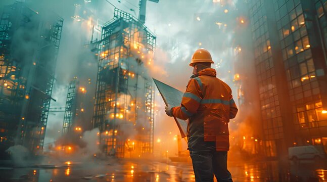 engineer young man wearing safety vest and helmet standing on building construction
