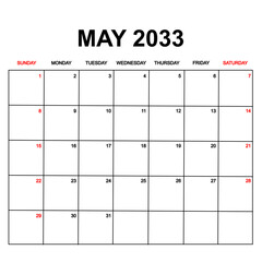 may 2033. Calendar with holydays or red dates. monthly calendar design with week starts on sunday. printable, simple, and clean vector design isolated on white background.