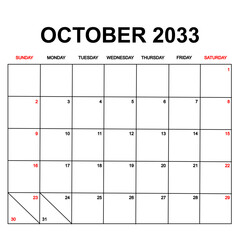 october 2033. Calendar with holydays or red dates. monthly calendar design with week starts on sunday. printable, simple, and clean vector design isolated on white background.