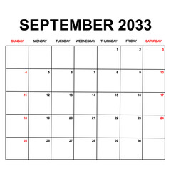 september 2033. Calendar with holydays or red dates. monthly calendar design with week starts on sunday. printable, simple, and clean vector design isolated on white background.