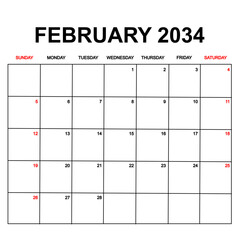 february 2034. Calendar with holydays or red dates. monthly calendar design with week starts on sunday. printable, simple, and clean vector design isolated on white background.