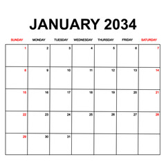 january 2034. Calendar with holydays or red dates. monthly calendar design with week starts on sunday. printable, simple, and clean vector design isolated on white background.