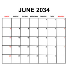 june 2034. Calendar with holydays or red dates. monthly calendar design with week starts on sunday. printable, simple, and clean vector design isolated on white background.