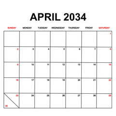 april 2034. Calendar with holydays or red dates. monthly calendar design with week starts on sunday. printable, simple, and clean vector design isolated on white background.