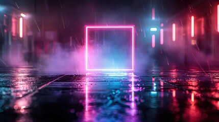 Fototapeta premium A surreal, abstract scene featuring a reflective, smooth, wet down floor, a thick, blue-purple neon square emits a soft glow through the haze, creating an eerie and slick atmosphere