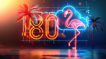 A vibrant 80 is neon sign featuring a flamingo, palm tree, and cloud, with bright colors and glowing effects in a simple vector style