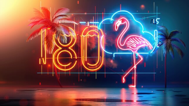 A vibrant 80 is neon sign featuring a flamingo, palm tree, and cloud, with bright colors and glowing effects in a simple vector style