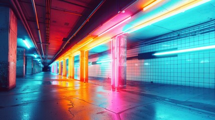 A wide-angle photo capturing a brutalist building from a low perspective, bathed in colorful neon lights and synthwave hues, highlighting the juxtaposition of cold concrete and vivid lighting