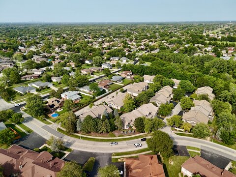 Aerial View of Sprawling Suburb with Curve Street located in Orland Park, Illinois 