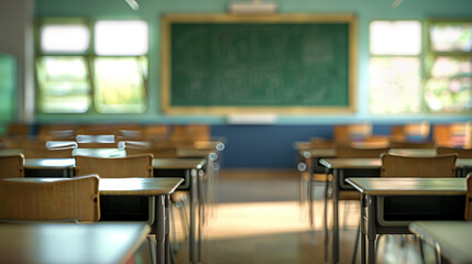 Blurred empty classroom in an elementary school or high school with desks and chairs