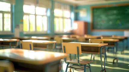Blurred empty classroom in an elementary school or high school with desks and chairs